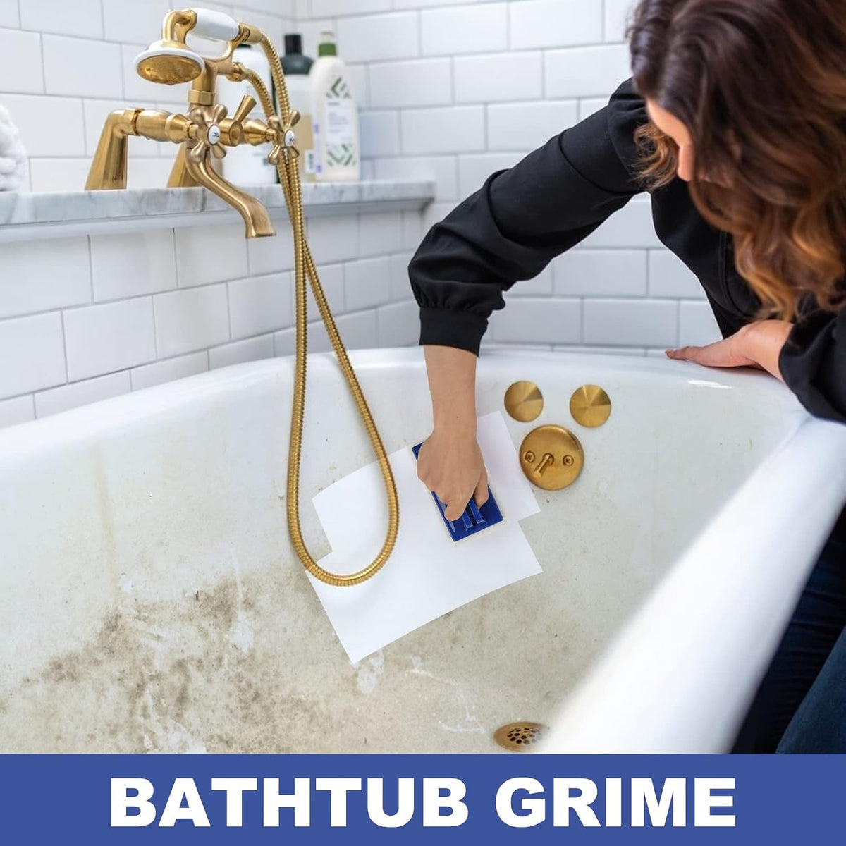Handled Bath Scrubber, Bathroom Scouring Pad, Heavy Duty Cleaning Sponge Scrub Brush, Non-Scratch Remove Soap Scum, for Cleaning Shower Tile Bathtube Sink Spas Hot Tubs, Swimming Pool Step & Corner