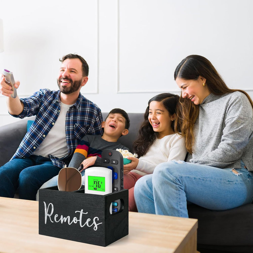 Remote Control Holder, Wooden TV Remote Holder for Table, Remote Caddy Organizer with 2 Compartments, Media Storage Box for Nightstand, Bedside (Black)