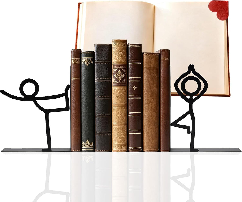 Metal Bookends People Book-end, Decorative Cute Book Ends for Shelves in Home Office Desk, Bookshelf Decor & Gift, Stable Storage (Yoga Dancer Black)