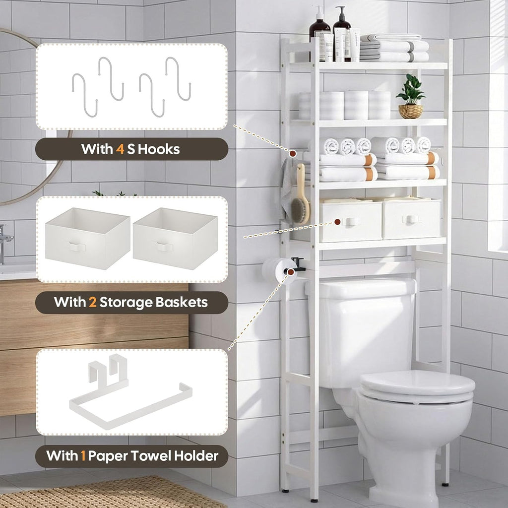Homde Bathroom Over Toilet Storage Rack: Adjustable 4-Tier Bamboo (White)