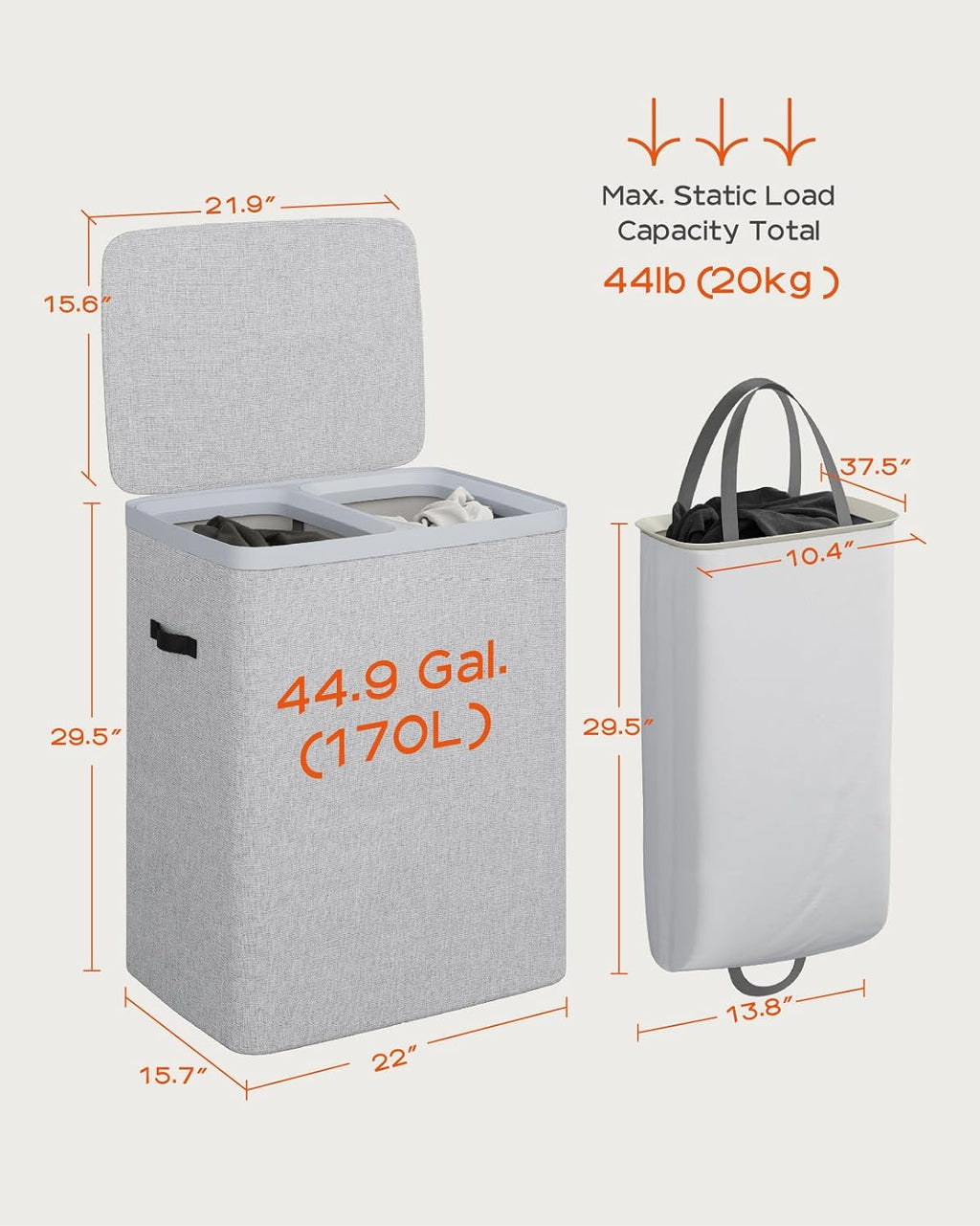 CASAMAYA Laundry Basket with Lid, Laundry Hamper 2 Section, 170L collapsible Laundry Organizer, Easy Assembly, with Handles and Removable Liners, 22 x 15.7 x 29.5 Inches, Gray JSP903G
