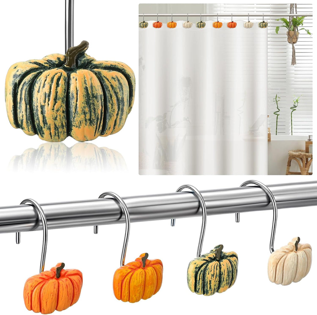 Reallnaive 12 Pcs Pumpkin Fall Shower Curtain Hooks Farmhouse, Green