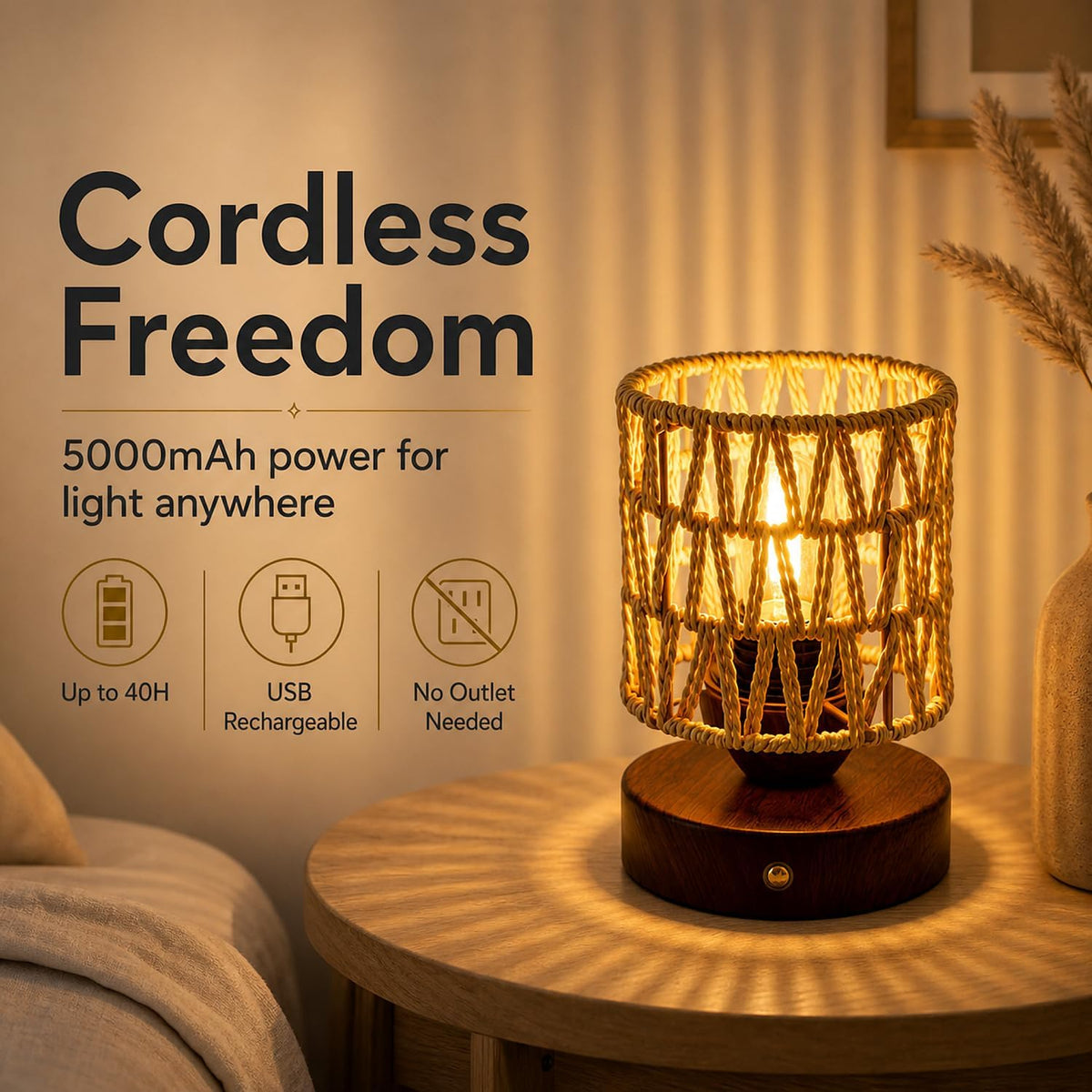 Cordless Operated Rattan Lamp, 5000mAh Rechargeable Dimmable Handwoven Open Weave Drum Table Lamp with Edison Bulb, Boho Nightstand Light for Bedroom Home Decor