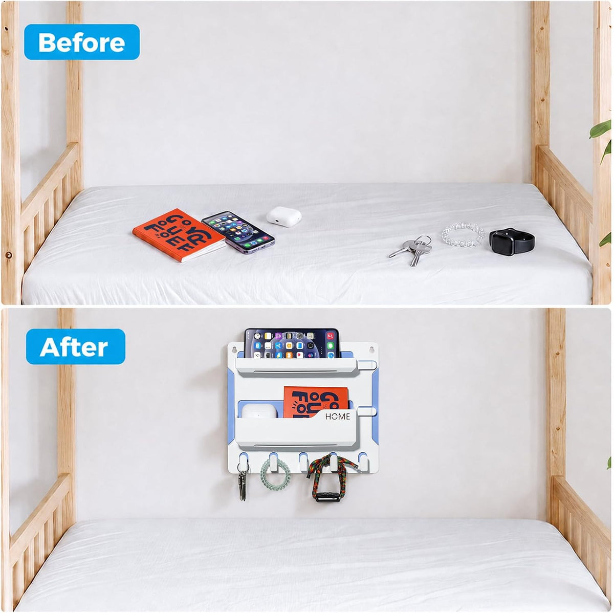 Bedside Shelf Wall Mount, Adhesive Bedside Shelf Accessories Organizer with Hooks and Cable Clips,Dorm Bedside Wall Storage for Phone, Remote, Earphone, Kindle,Plastic(White)