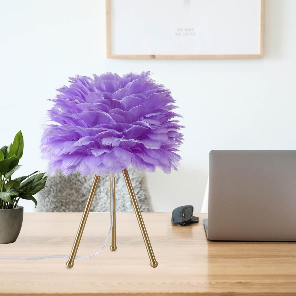 Capslpad Feather Tripod Table Lamp 15.3" Purple Modern Small Bedside Desk Lamp with Gold Finish Nightstand Lamp for Living Room Nursery Bedroom Kids Girls Room Decor