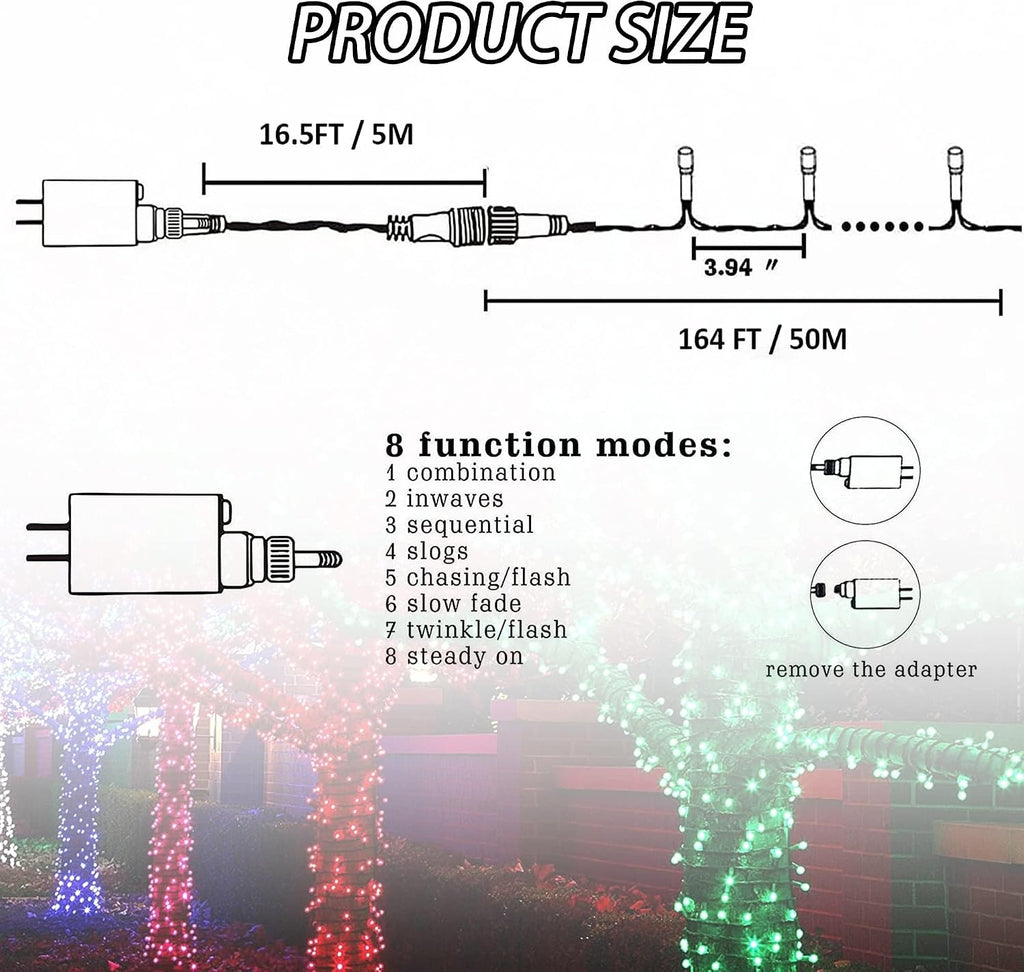 FUNPENY 164FT 500 LED Christmas Indoor Outdoor Decorative String Lights, 8 Modes Waterproof LED Fairy Light with Remote for Christmas Party Wedding Garden Home Decoration (White)