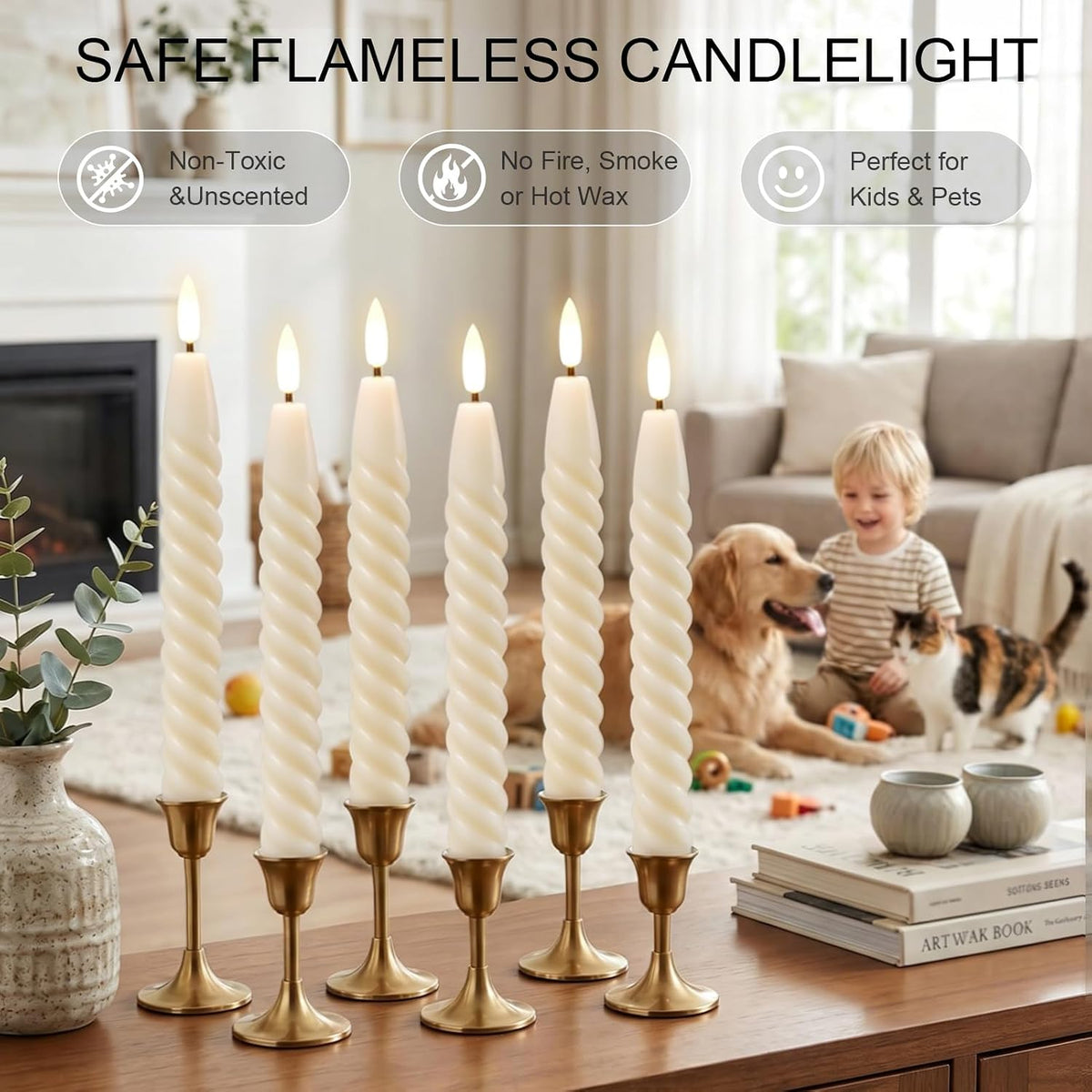 Ivory Flameless Taper Candles Flickering with Remote Timer