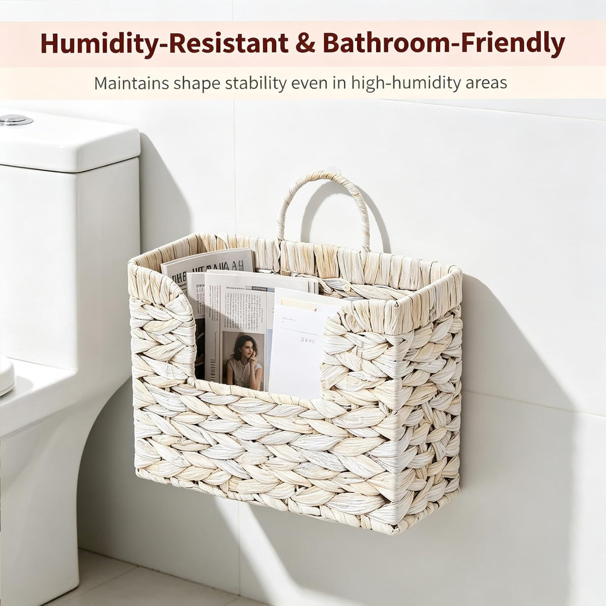 Hanging Magazine Basket, Woven Wall Magazine Holder Organizer with Handle for Mail, Files, Books - Water Hyacinth Farmhouse Storage Rack for Bathroom, Kitchen, Office (1, White)