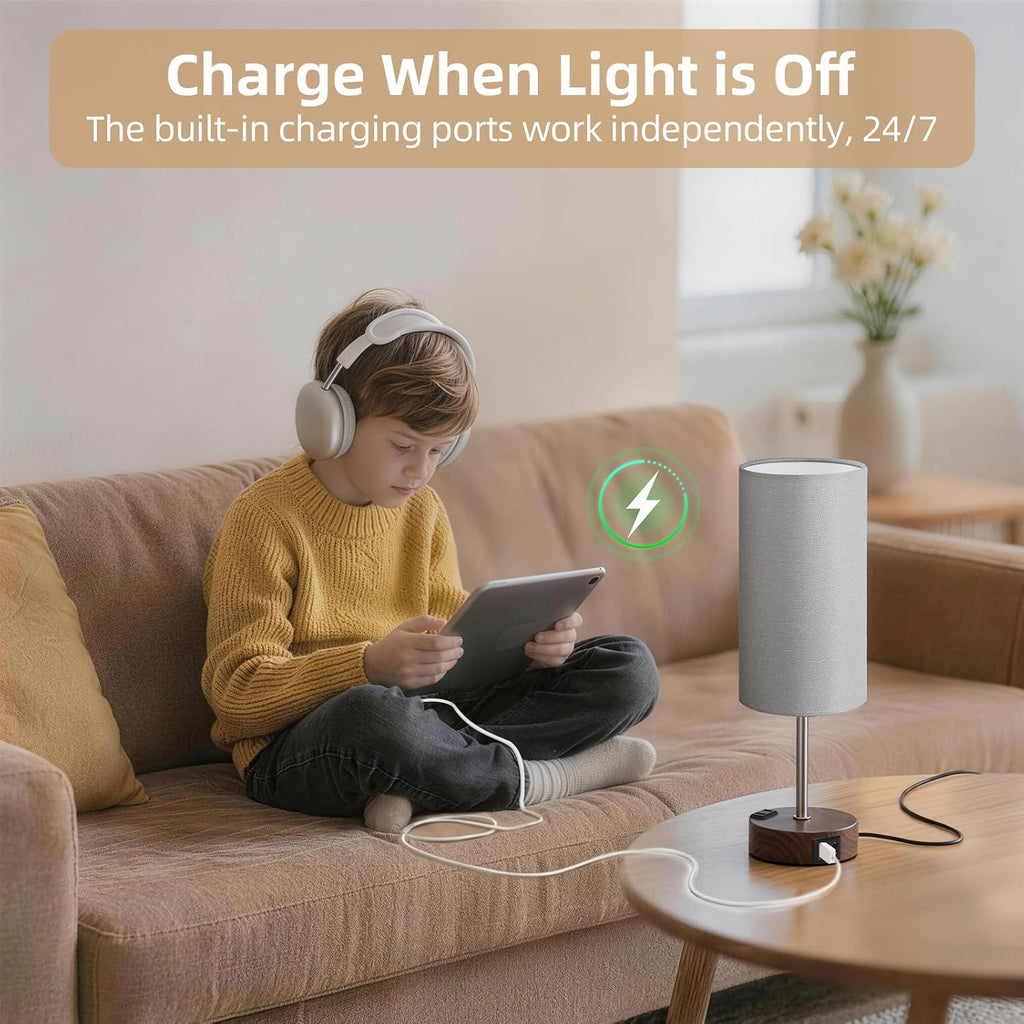 Table Lamp, Dimmable Touch, AC Outlet, USB A+C (Grey&Walnut)