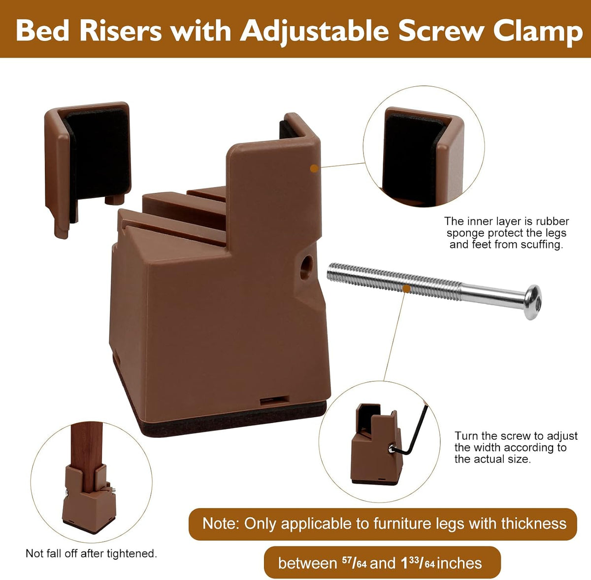 Bed Risers 2 Inch with Adjustable Screw Clamp, 4 Pack Heavy Duty Furniture Risers, Supports up to 5,000 lbs, Fits Furniture Legs with Thickness from 0.9 to 1.5 Inch(Brown, Type-G)