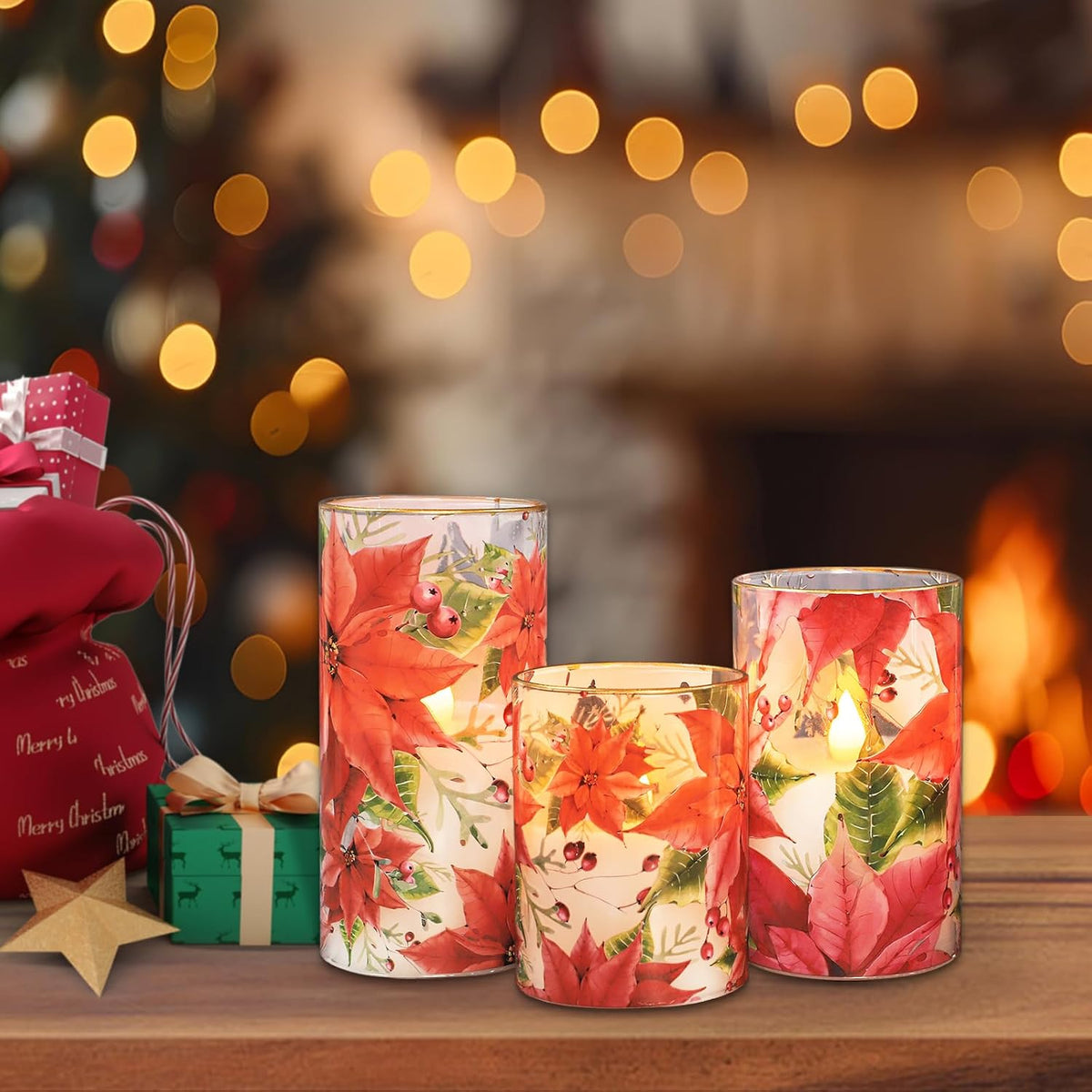 Crystal Club Red Poinsettia Christmas Flameless Candles with Remote