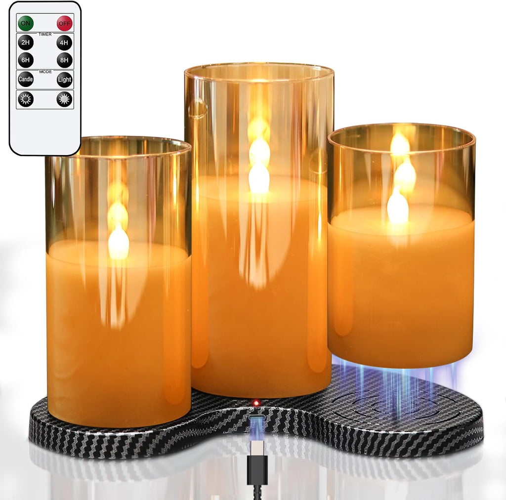 GenSwin Glass Rechargeable Flameless Candles with Remote & Charging Base