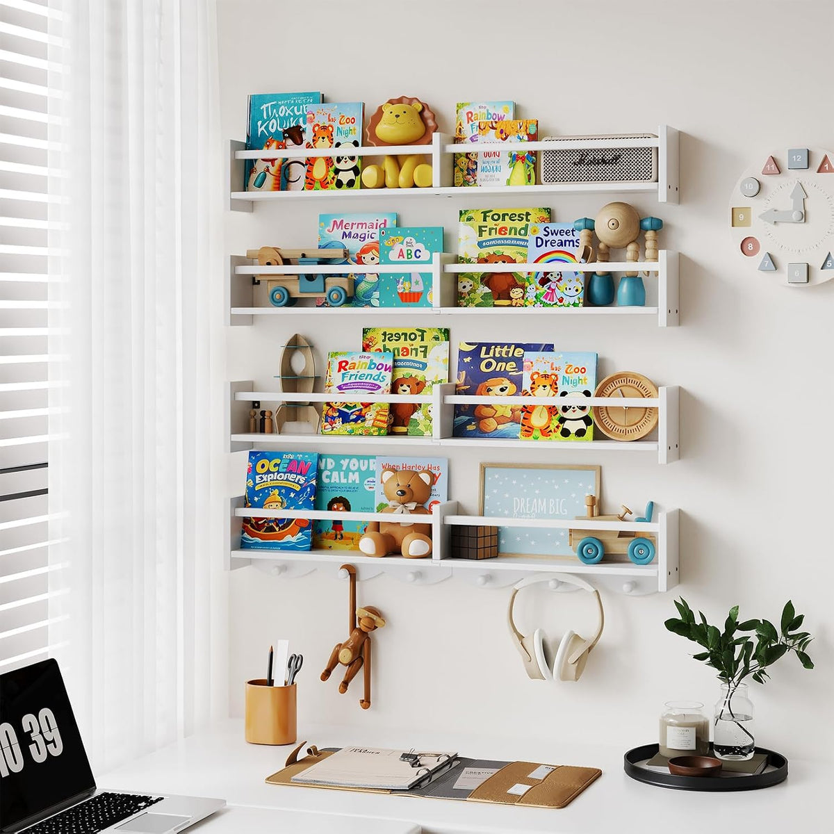 34Inch Nursery Floating bookshelf Coat Rack with 6 Hooks, Set of 4 White