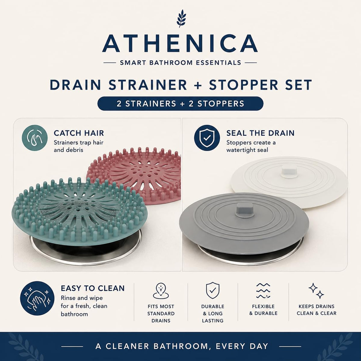 Athenica Silicone Shower Drain Hair Catcher and Tub Stopper, for Bathroom, Kitchen, and Laundry, 4 Pack