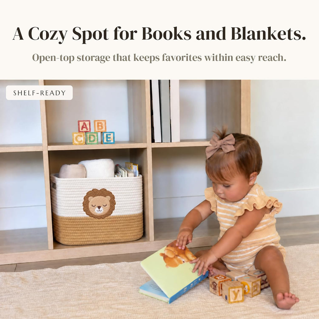 Lion Baby Storage Basket, Woven Cotton Rope Nursery Bin, 13x10x9 in