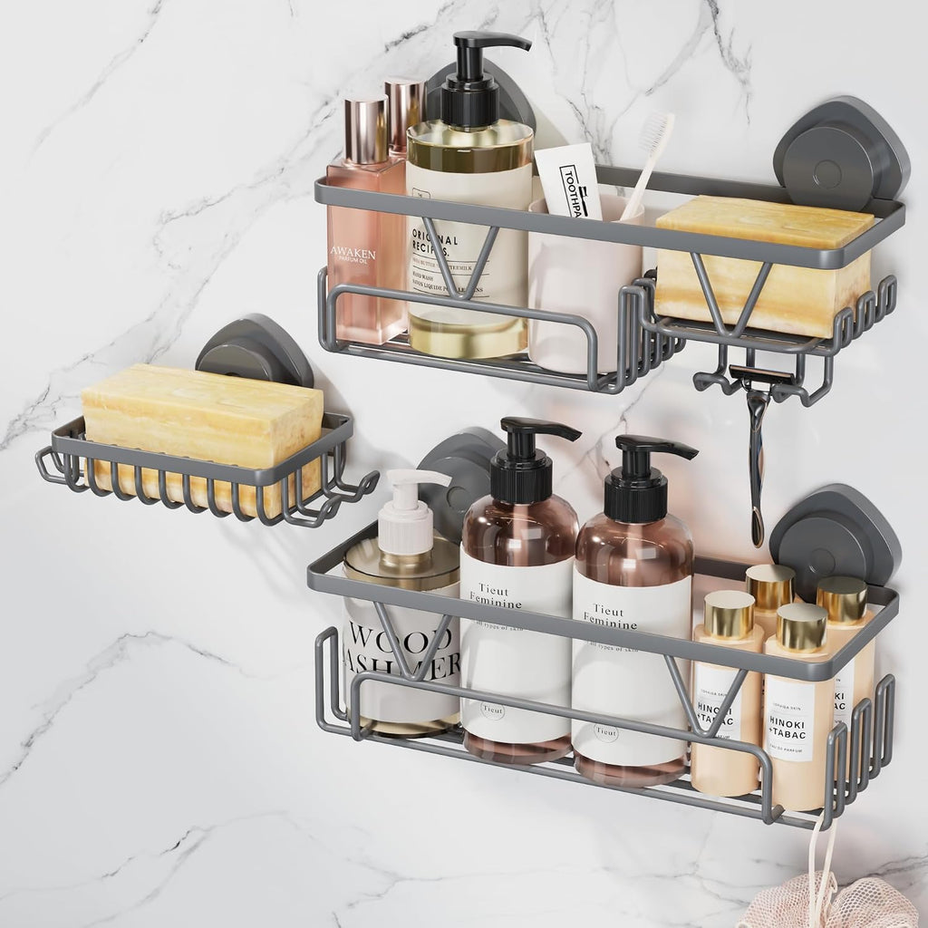 KEGII Suction Cup Shower Caddy 3 Pack, Bathroom Rack Organizer, Gray