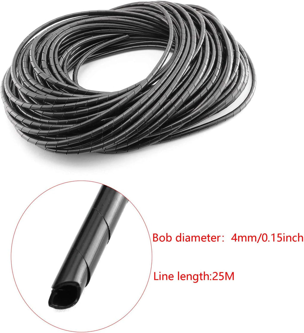 DGZZI Spiral Cable Wrap 4mm 25m Black Spiral Wrap Cable Binding Tidy Leads for TV PC Home Cinema CCTV Wires