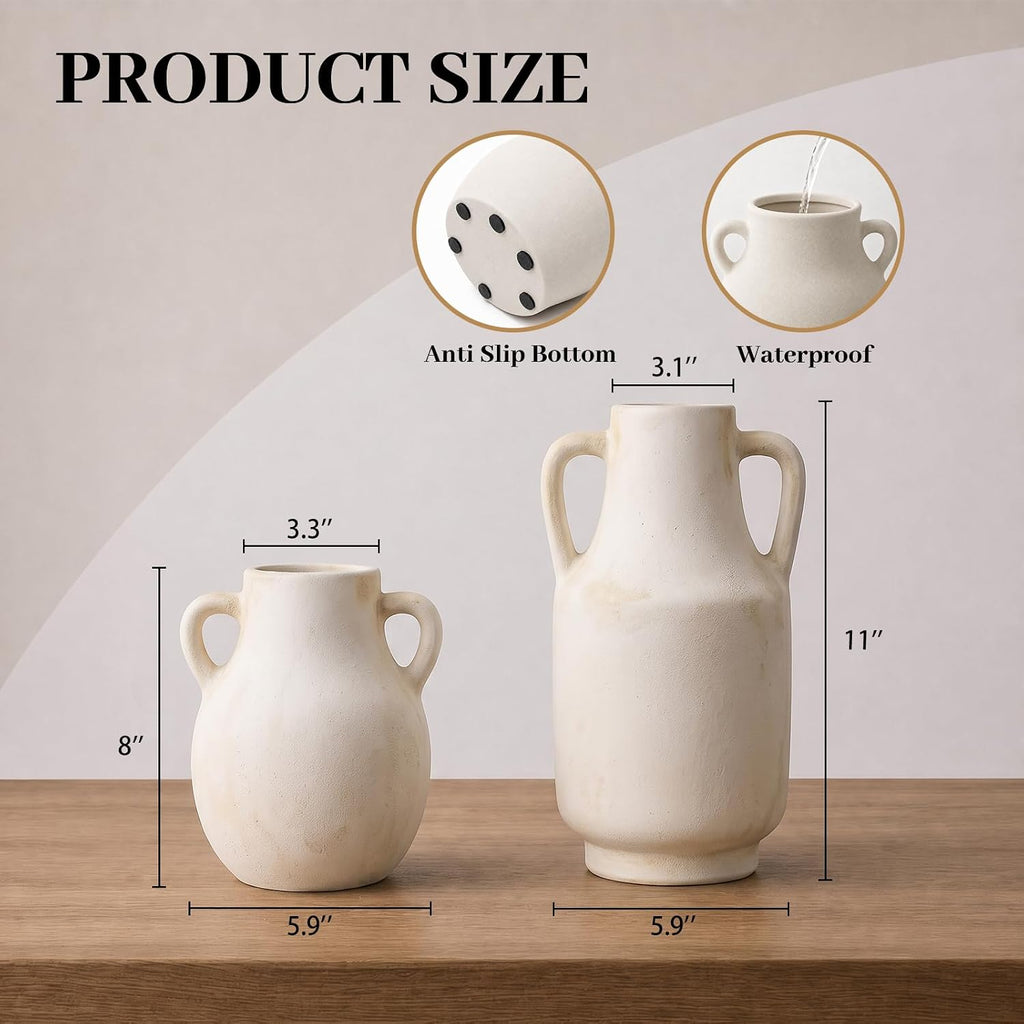 Deep Dream Ceramic Flower Vase with Handles, 11 Inch Large White Ceramic Vase, Decorative Tall Terracotta Vase, Farmhouse Rustic Vase for Home Decor, Shelf, Living Room, Bedroom,Table (White)