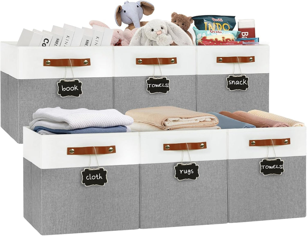 Patvingot 13-Inch Linen Storage Cubes with Labels and PU Handles,6 Pack