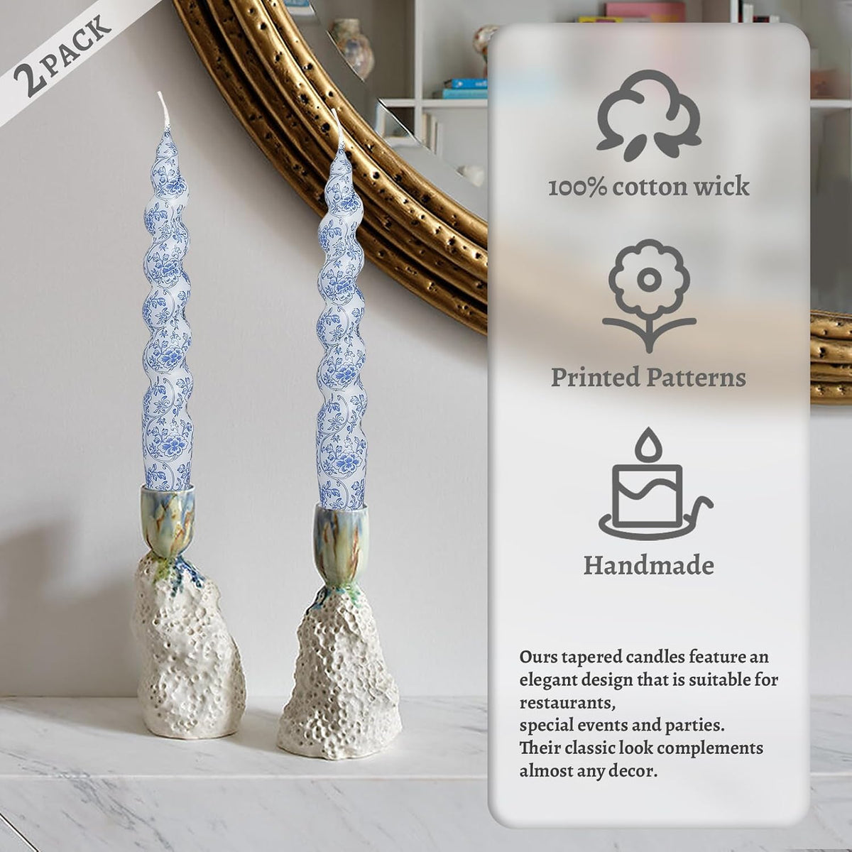 Unscented Floral Taper Candle Spiral Candlesticks - Set of 2 Handmade Blue Flower Twisted Candle 7.5 Inch Short Print Tapered Candles for Home Wedding Dinner Gifts