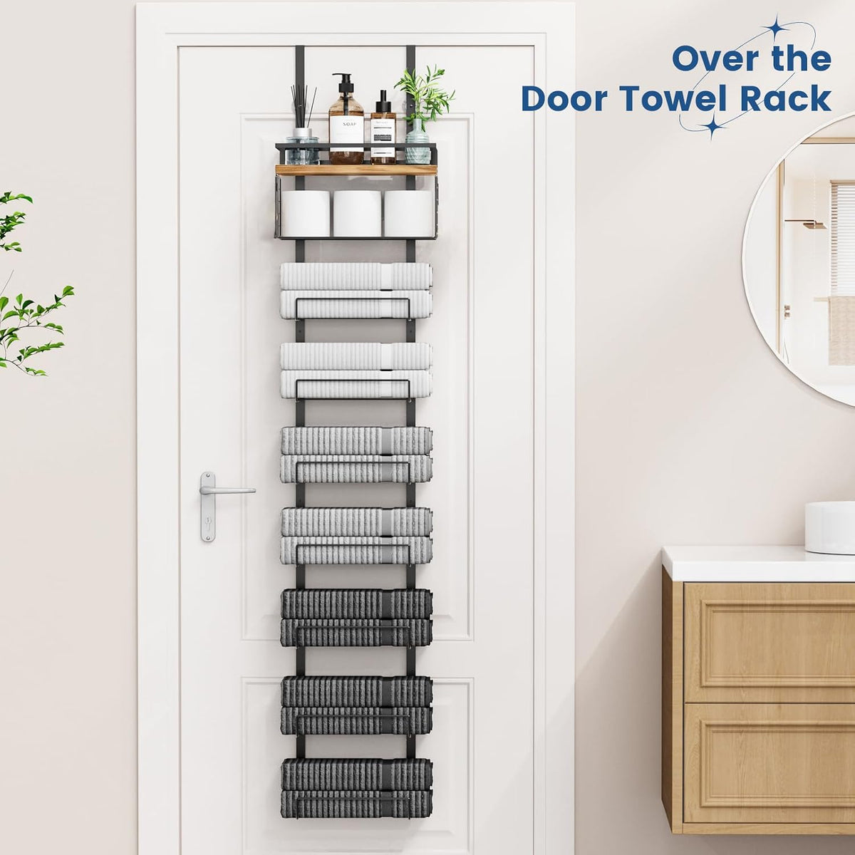 Aetyord Towel Racks for Bathroom Over The Door Towel Racks Towel Storage Organizer with Metal Shelf Basket for Bathroom Rv Camper (9-Tier Black with Wood Plank)