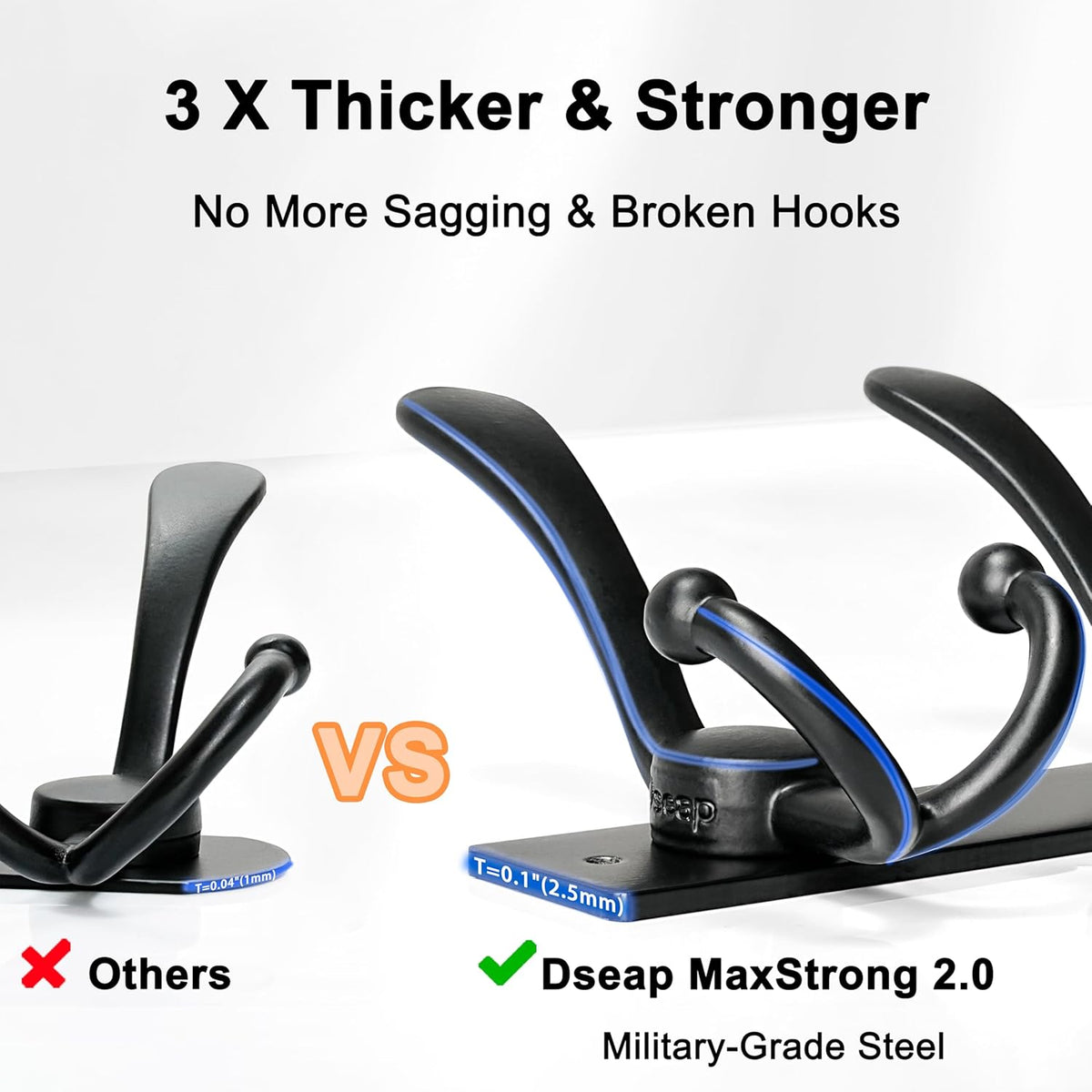 Dseap Coat Rack Wall Mount, Heavy Duty 12-Gauge Base vs Flimsy 1mm, Double-Thick Solid Anti-Snap Hooks, 16” Stud-Mount, Stainless Steel Hanger for Clothes Hat Entryway Closet Mudroom, Blue