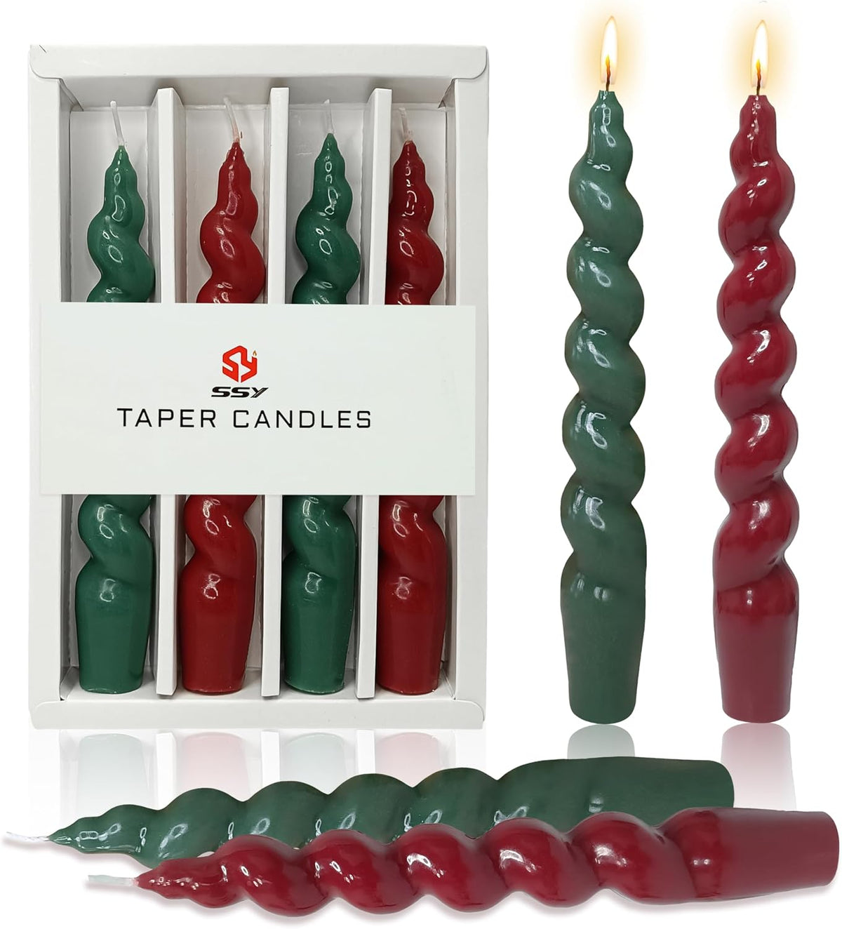 Red Green Spiral Taper Candles 7.5Inch, 4Pack Christmas Candle for Decor