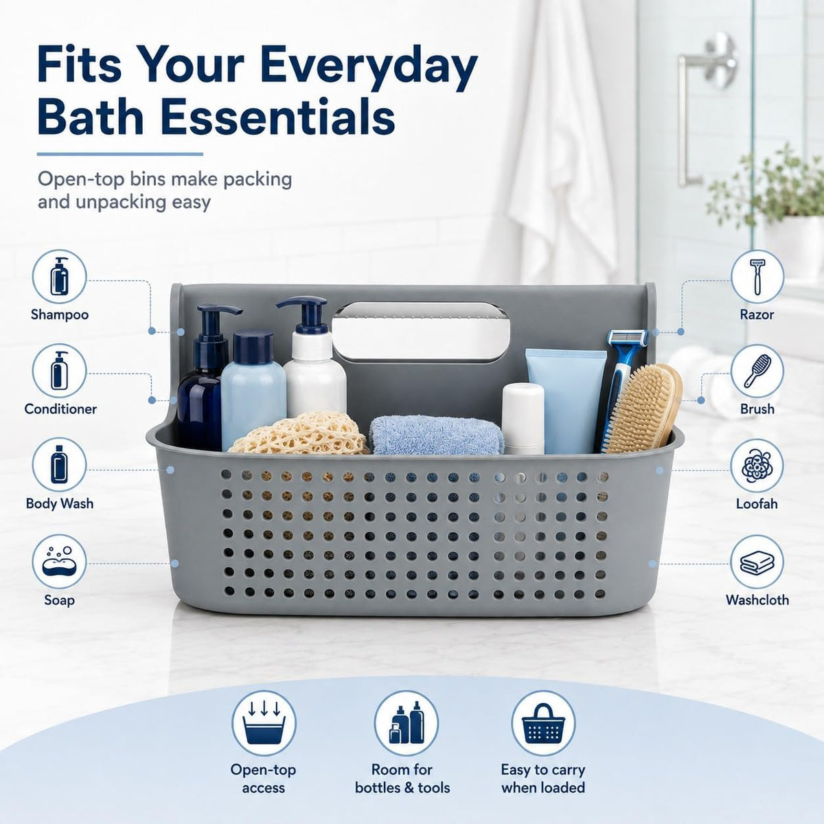 NINU Gray Portable Shower Caddy, 2-Compartment Storage Organizer
