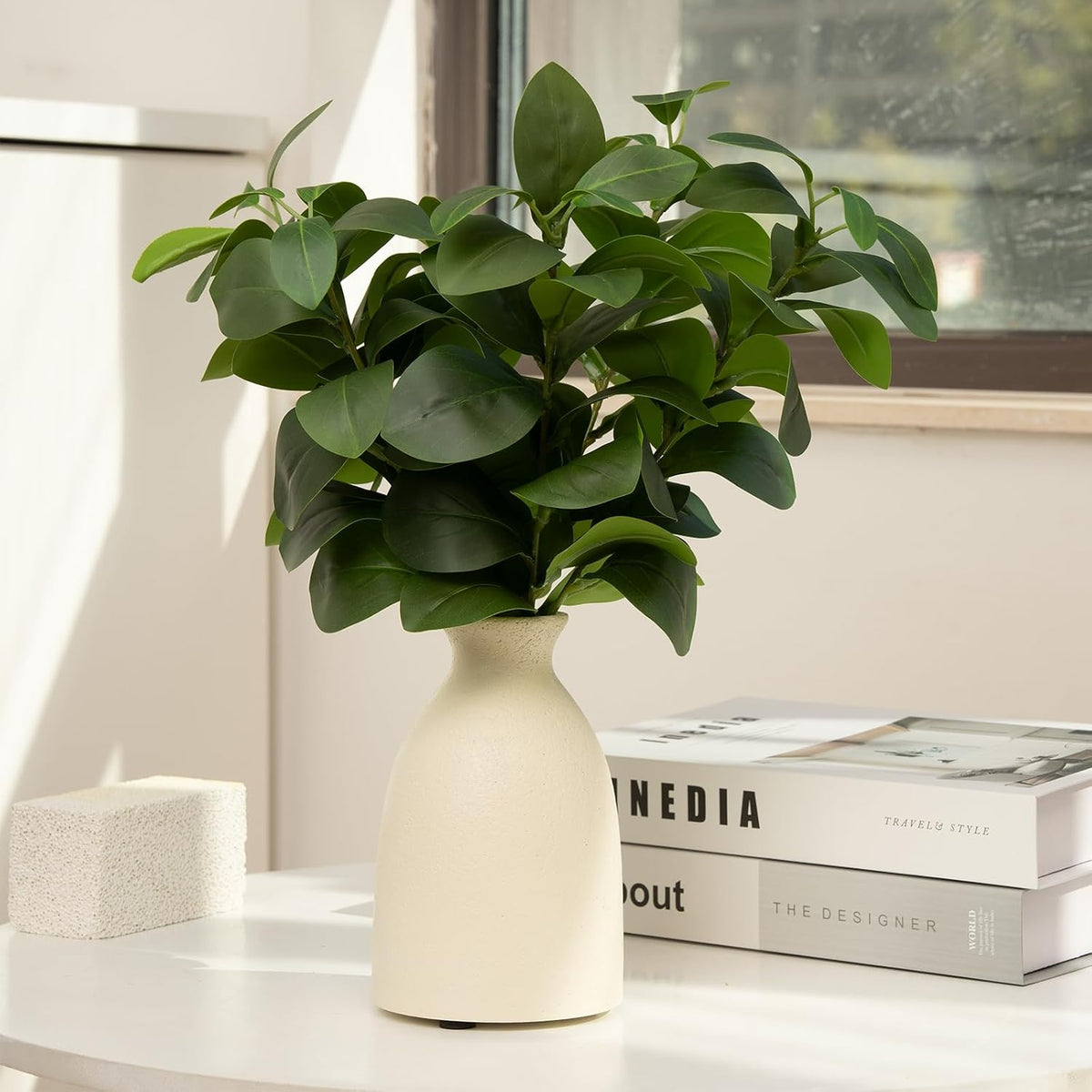 Artificial Eucalyptus Stems in White Matte Resin Vase,Realistic Greenery 16" Faux Plant Arrangements Home Decor Weddings Centerpieces