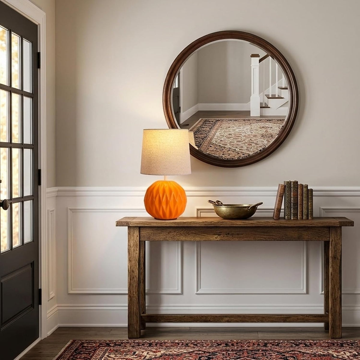 Orange Ceramic Table Lamp with Linen Shade, Small Bedside Lamp for Bedroom