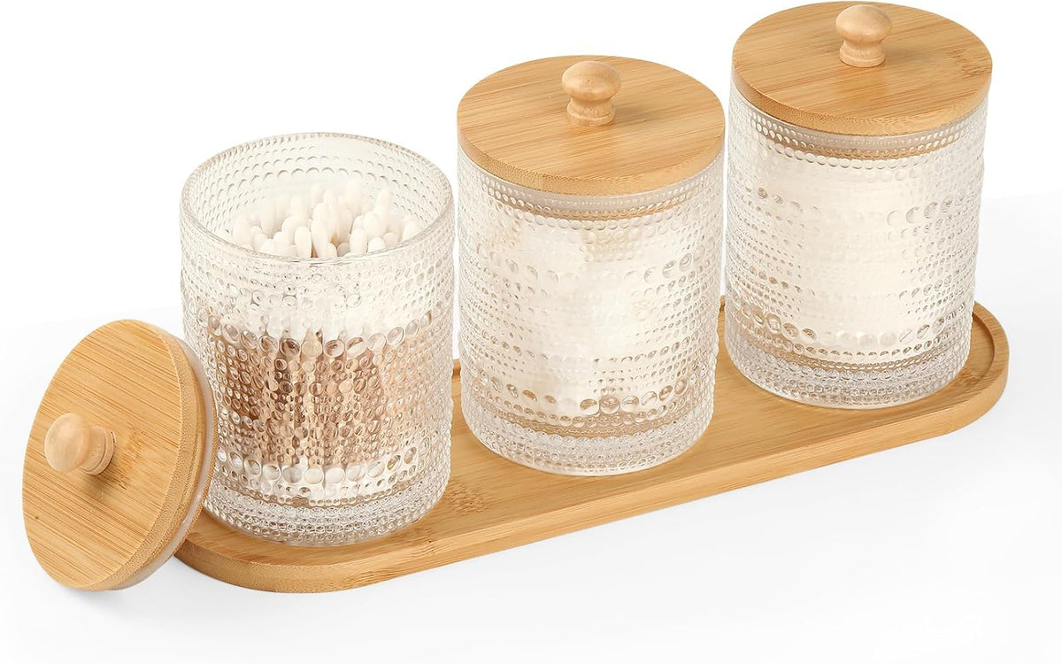 eggs sound 3 Pack Qtip Holder - Bathroom Organizers and Storage, Cotton Round Pad Holder Floss Pick Cotton Ball Holder with Tray, Glass Apothecary Jars with Lids, -clear y D