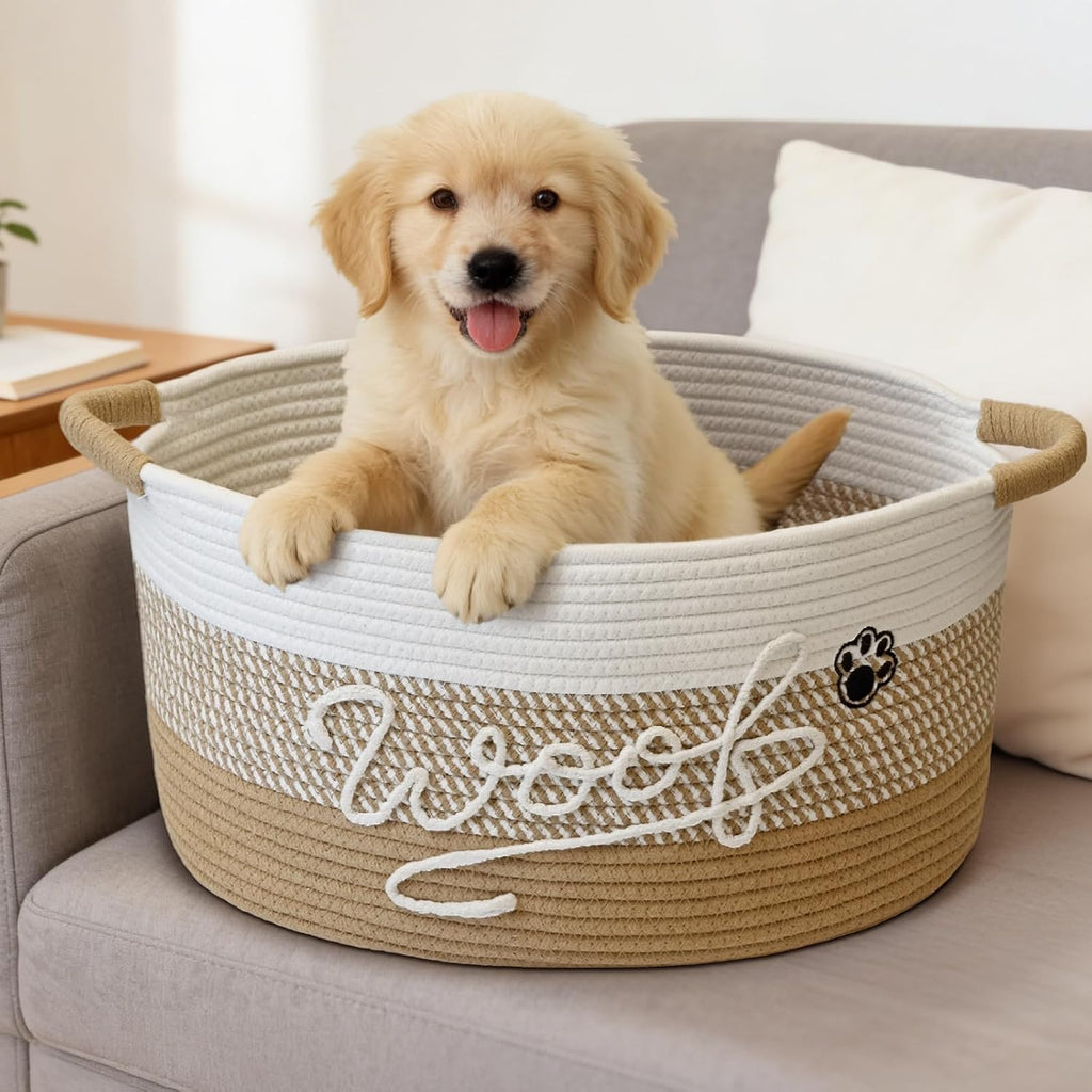 Woof Dog Toy Basket with Handles, Large Dog Toy Storage Bin with Paw Print, Woven Dog Basket for Blankets, Toys, Chews, Pet Toy Box for Nursery, Living Room, Bedroom, 20”x14”x9, Yellow