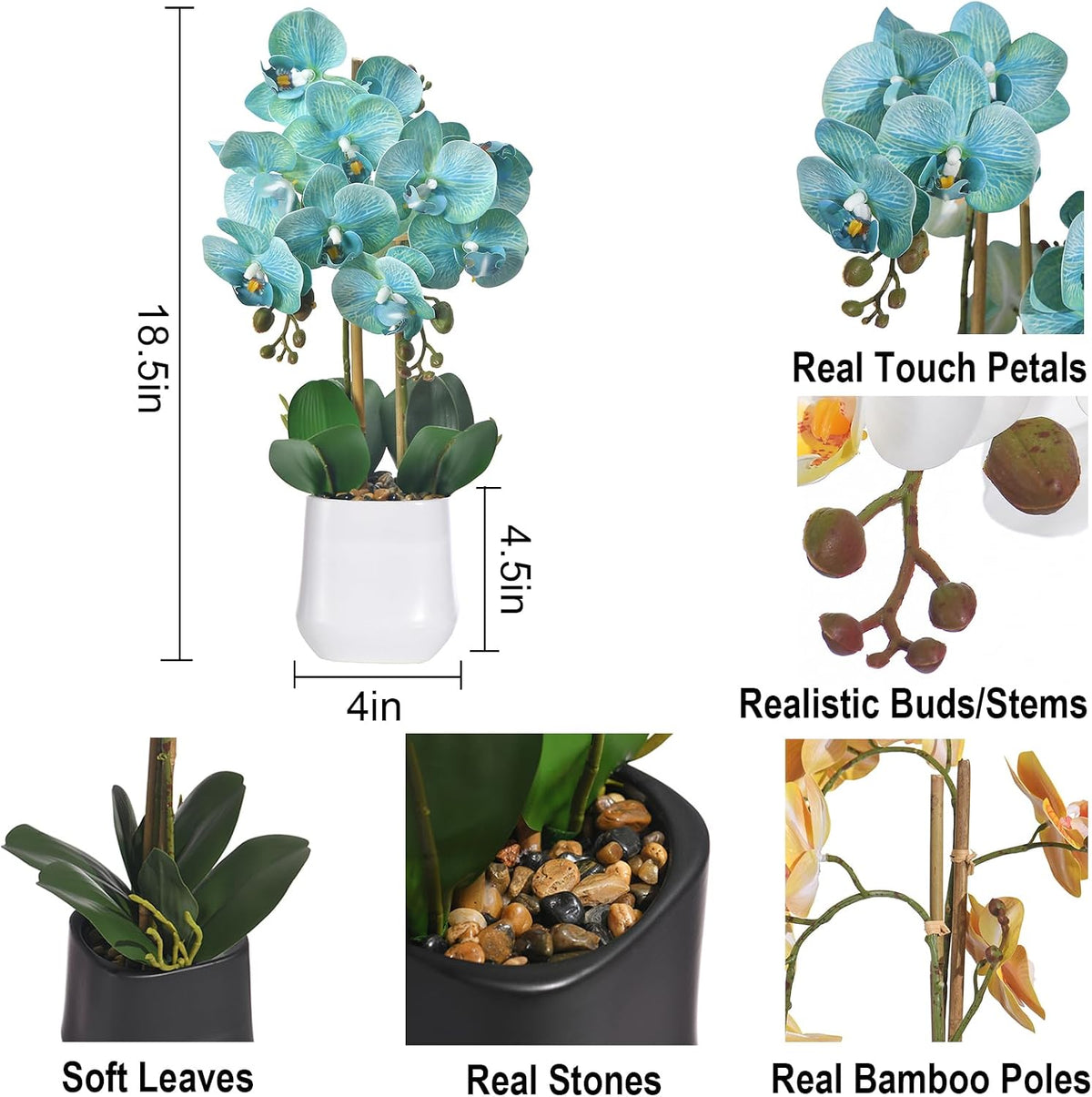 18.5" Teal Blue Faux Orchid Flowers Arrangement in Matte White Pot