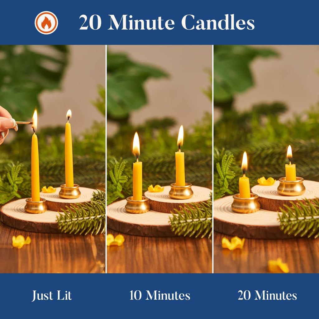 Crenovo 20 Minute Beeswax Meditation Candles with Brass Holder, 24 Pack
