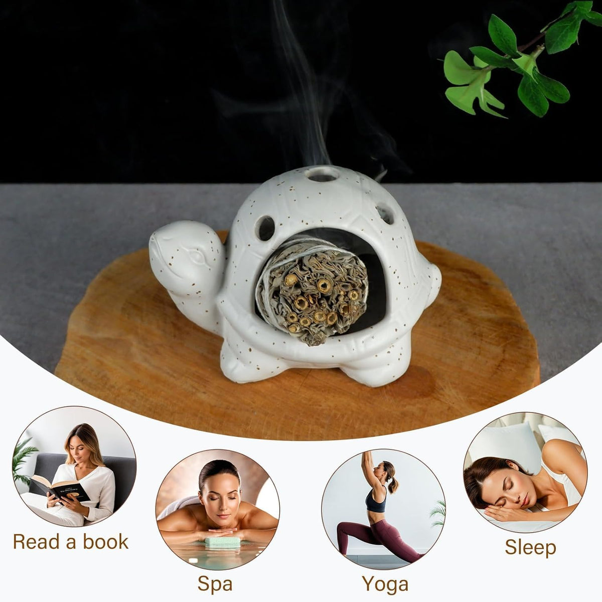 Mougigi Handcrafted White Ceramic Turtle Palo Santo Holder, Sage,