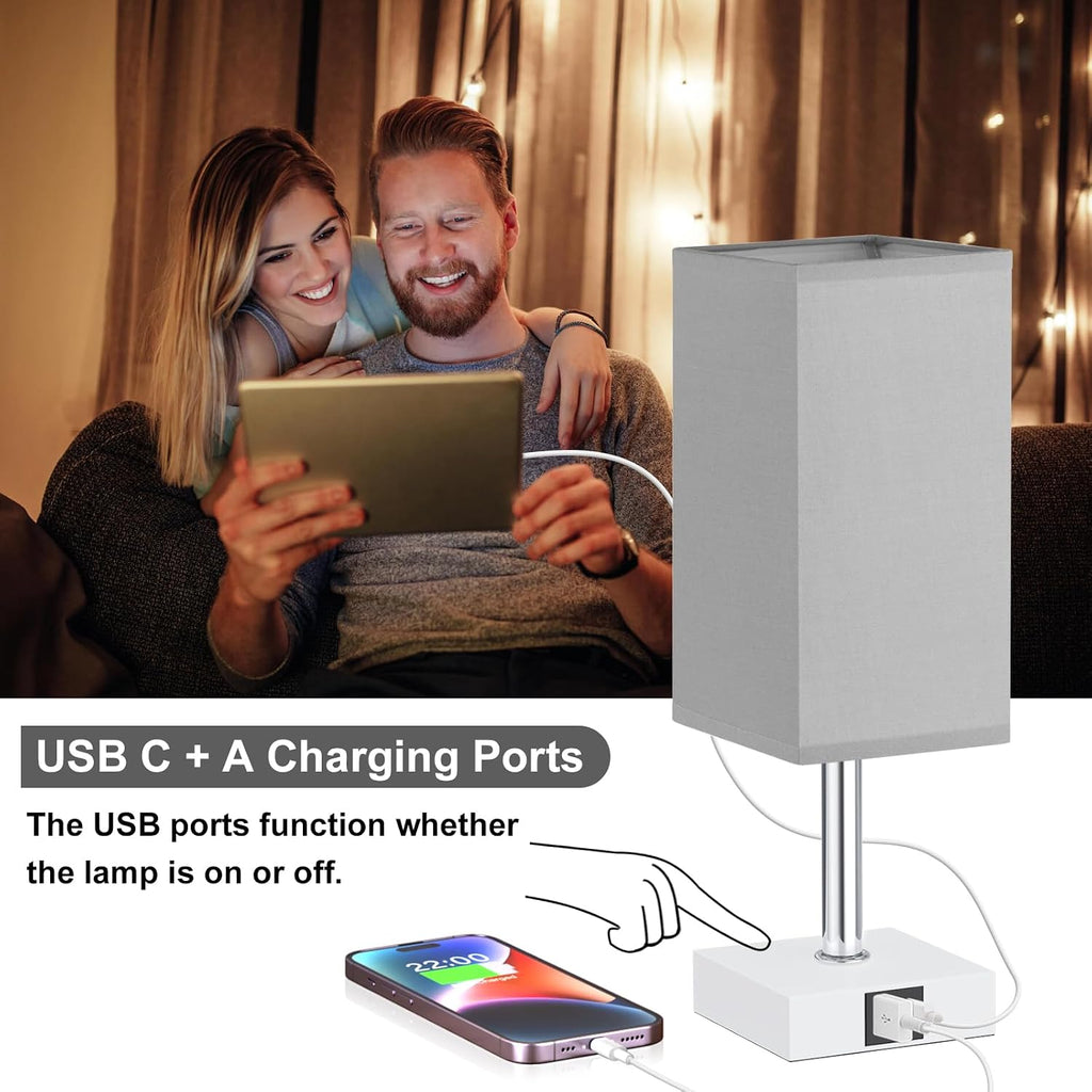 Touch Table Lamp for Bedroom - Dimmable, USB C+A, Grey Lamphade White Base
