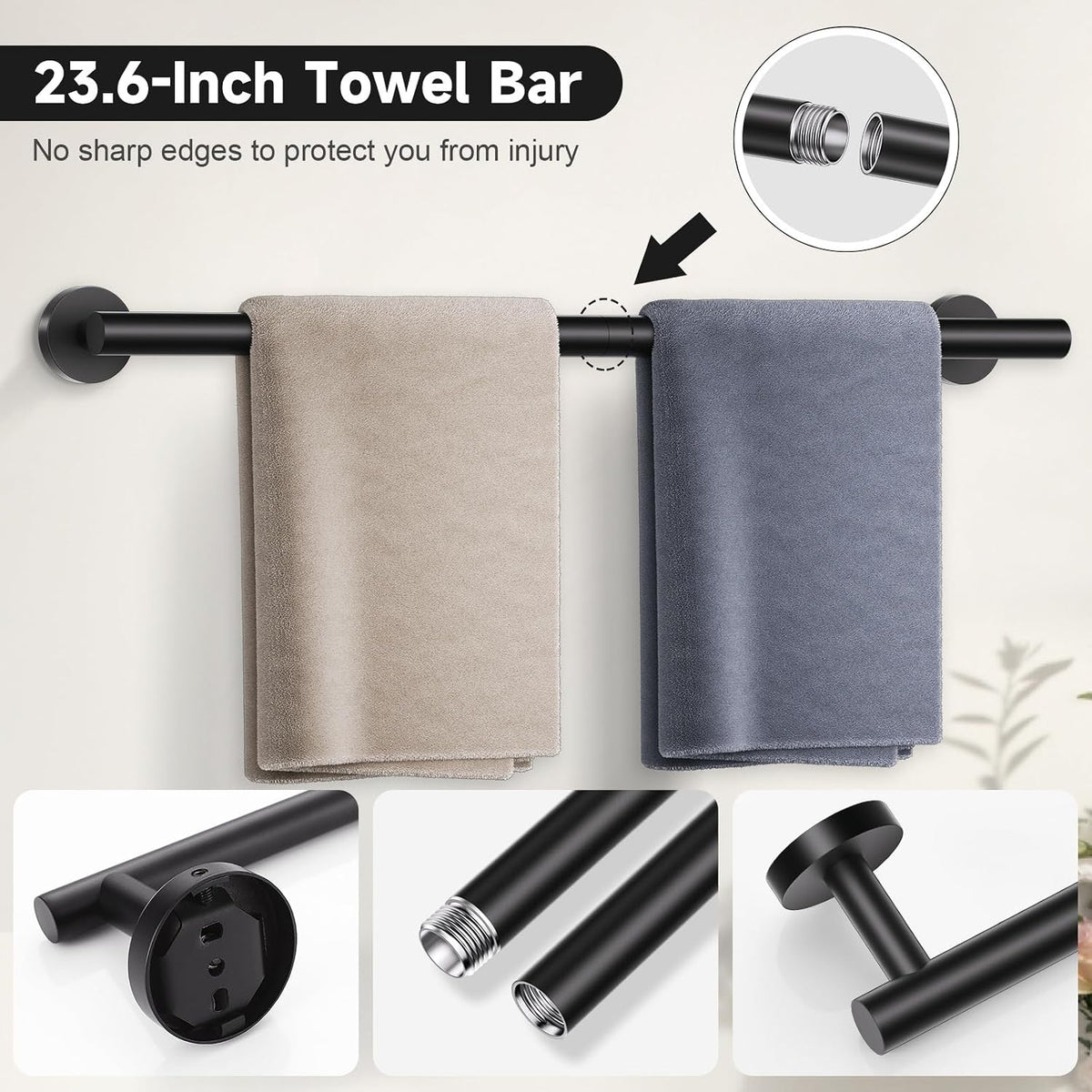 Matte Black Towel Bar Set, 5-Piece Bathroom Hardware Set with Smiley Face Towel Rings, Stainless Steel Wall-Mounted Towel Rack Set 23.6 Inch