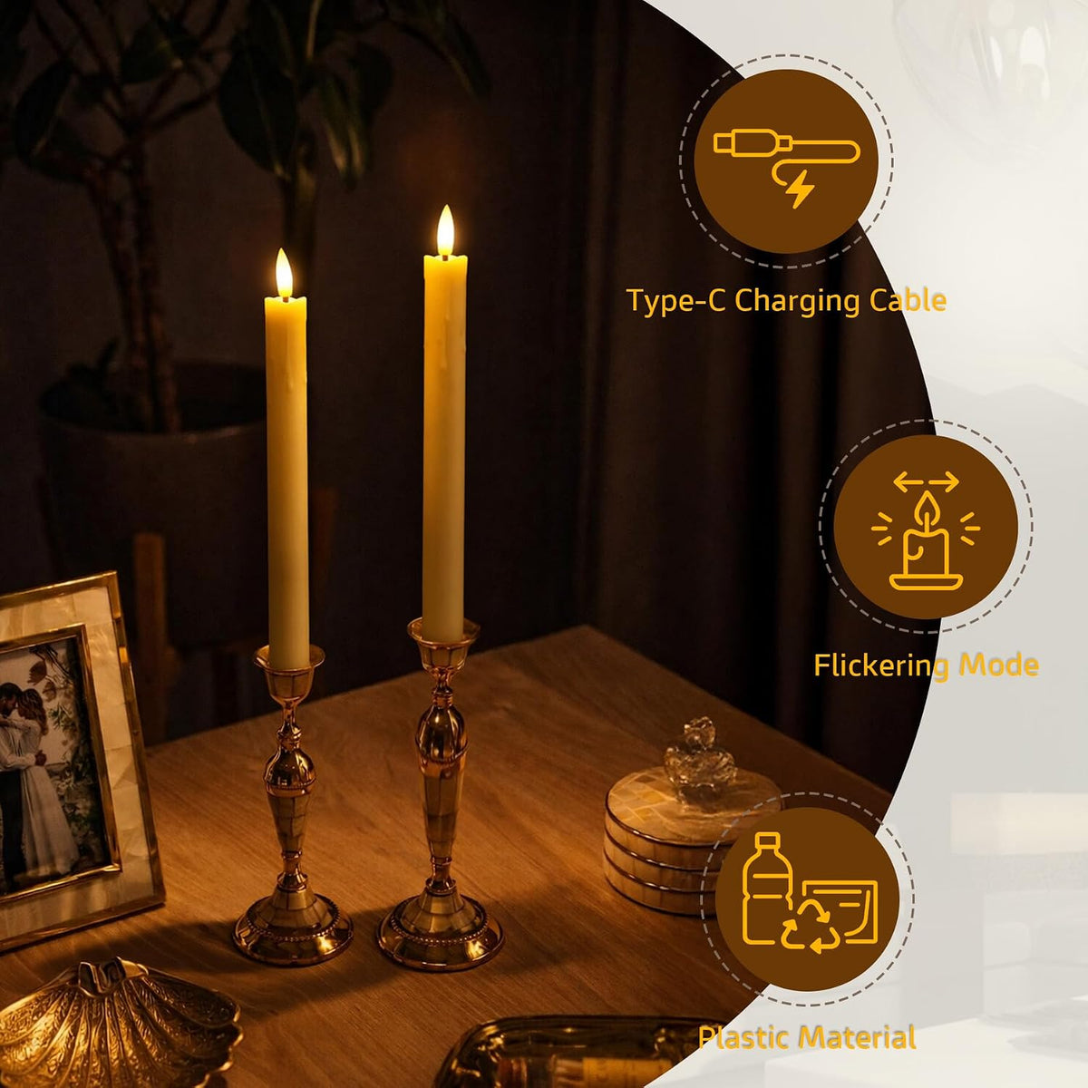 Rechargeable Flameless Timer Remote Taper Candles, 2pcs 0.86" x10" LED Flickering Dripping Wax Window Tall Fake Ivory Plastic Candlesticks(USB Charging Cable Included)