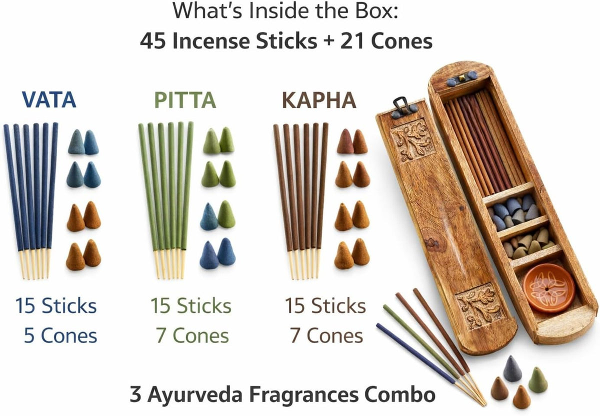 Handmade Wooden Incense Burner & Storage Box Set with 45 Incense Sticks & 21 Cones – Ayurveda Vata Pitta Kapha Aromatherapy Holder with Ceramic & Wooden Stand, Meditation Gift Set
