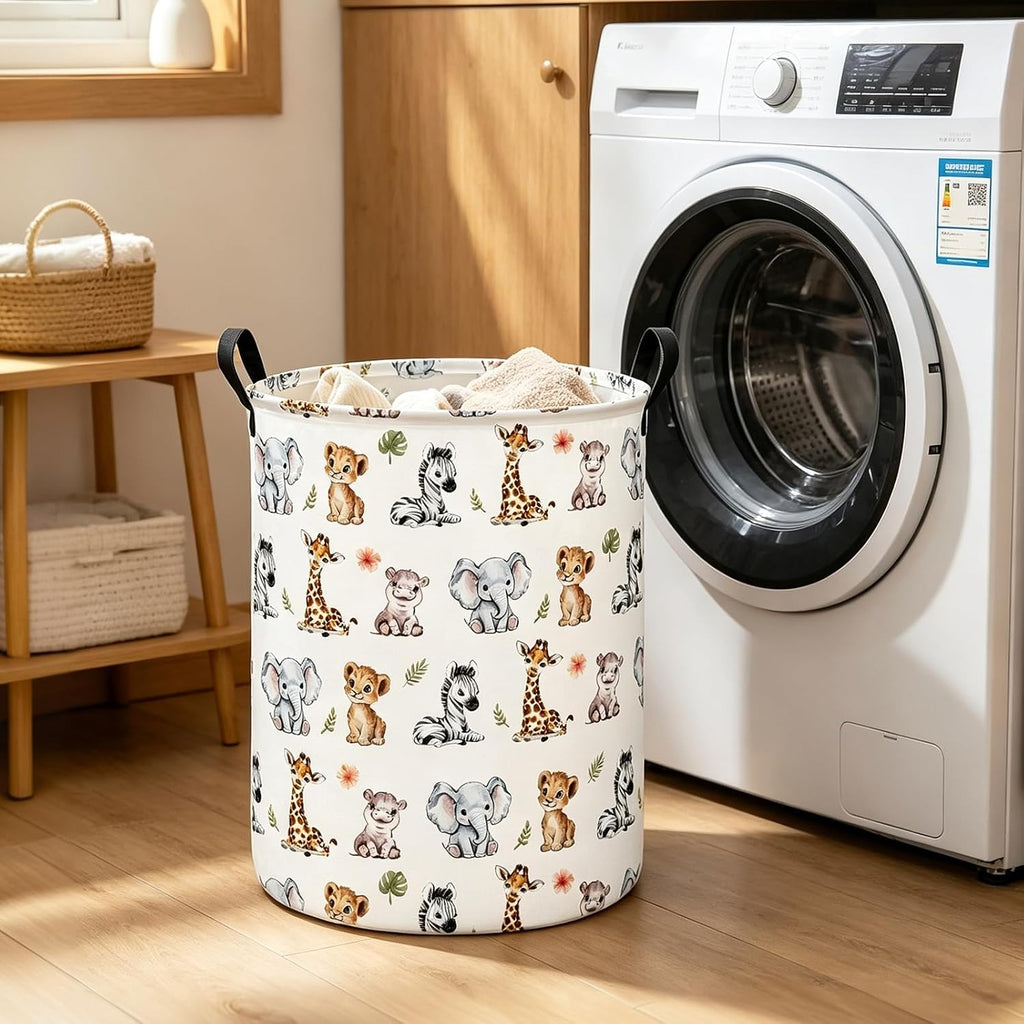 Round Collapsible Laundry Hamper with Handles, Jungle Animal Print