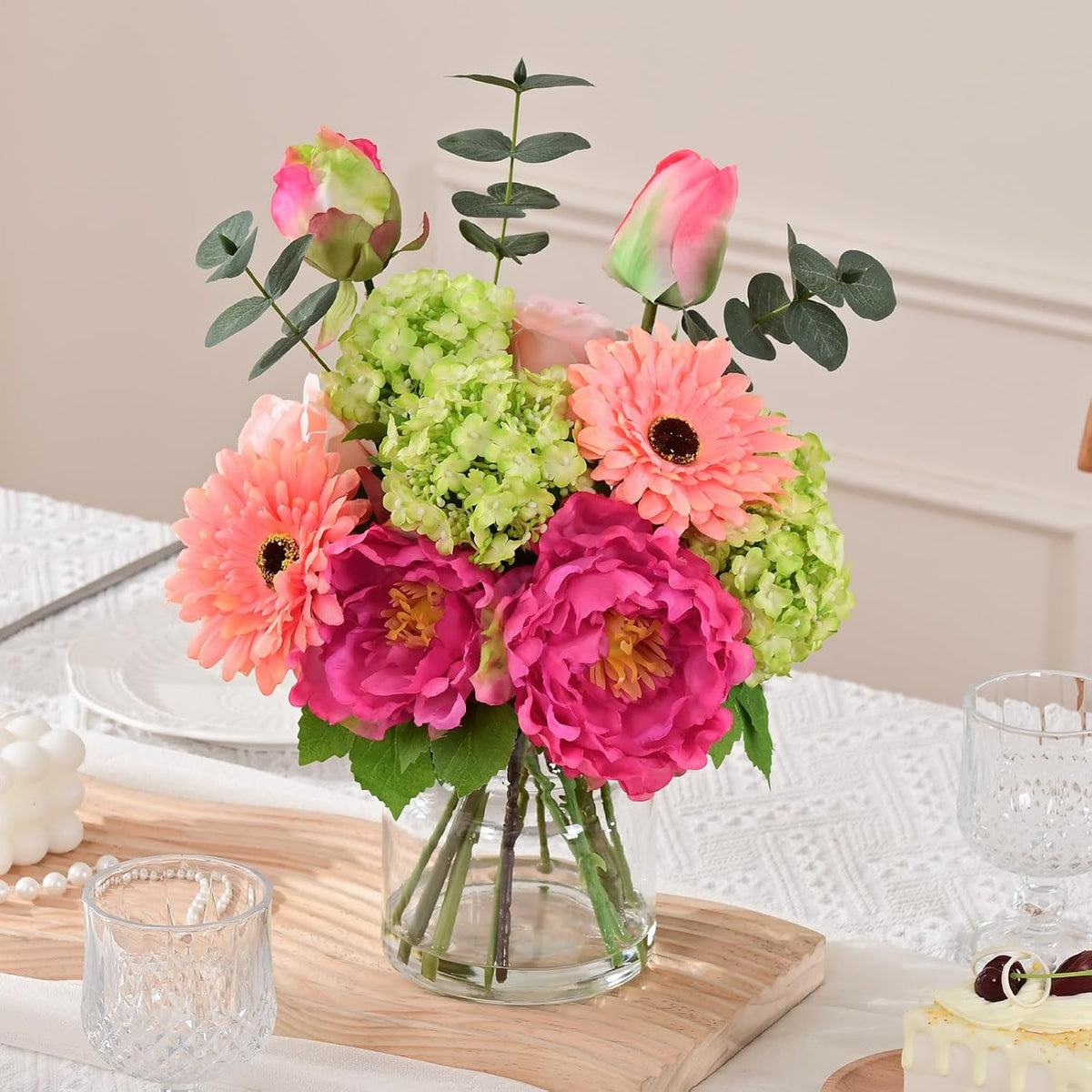 Livole Artificial Faux Flowers with Vase & Water Silk Fake Flowers, Fuchsia