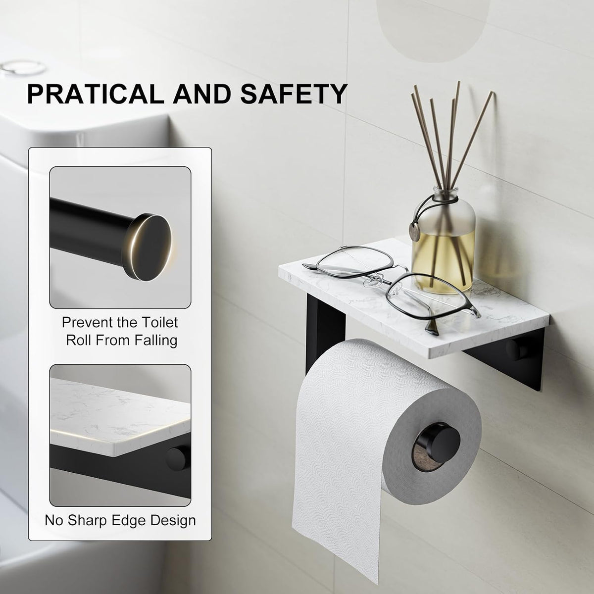 Matte Black Toilet Paper Holder with Marble Shelf Tissue Roll Holder