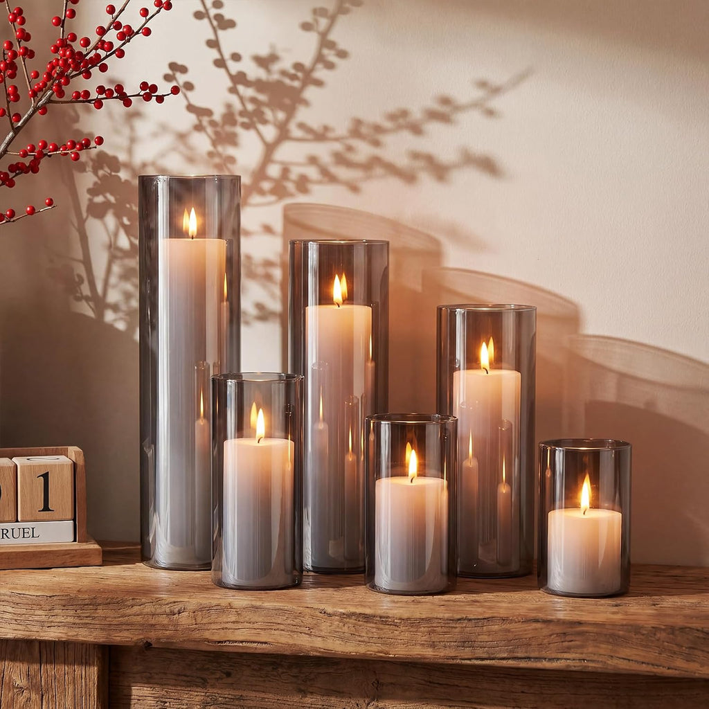 Shihanee 6 Glass Cylinder Vase Pillar Candle,White, Smoky Black,Set of 6