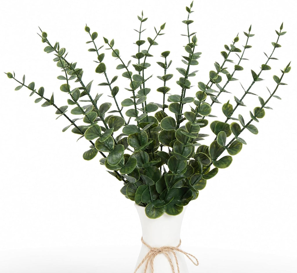 18 Pcs Artificial Eucalyptus Stems Dark Green Leaves Fake Greenery Branches Faux Flowers Bouquet for Home Decor Wedding Centerpiece Table Decoration