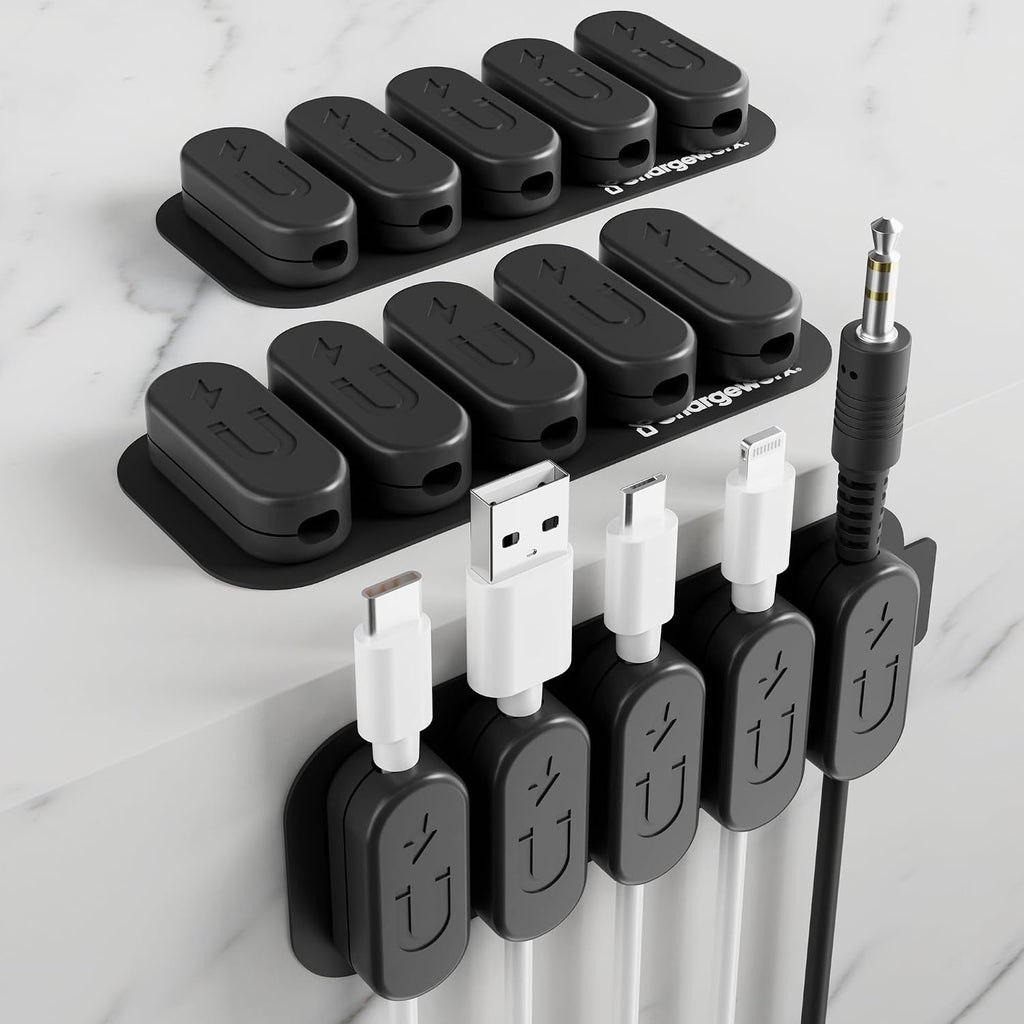 Chargeworx Magnetic Cable Holder Cable Management Multipurpose Desktop Cable Management System, 10-Pack, Great for USB-C, Lightning, Micro-USB & Other Cables Sticks to Any Surface (Black - 10 Pack)