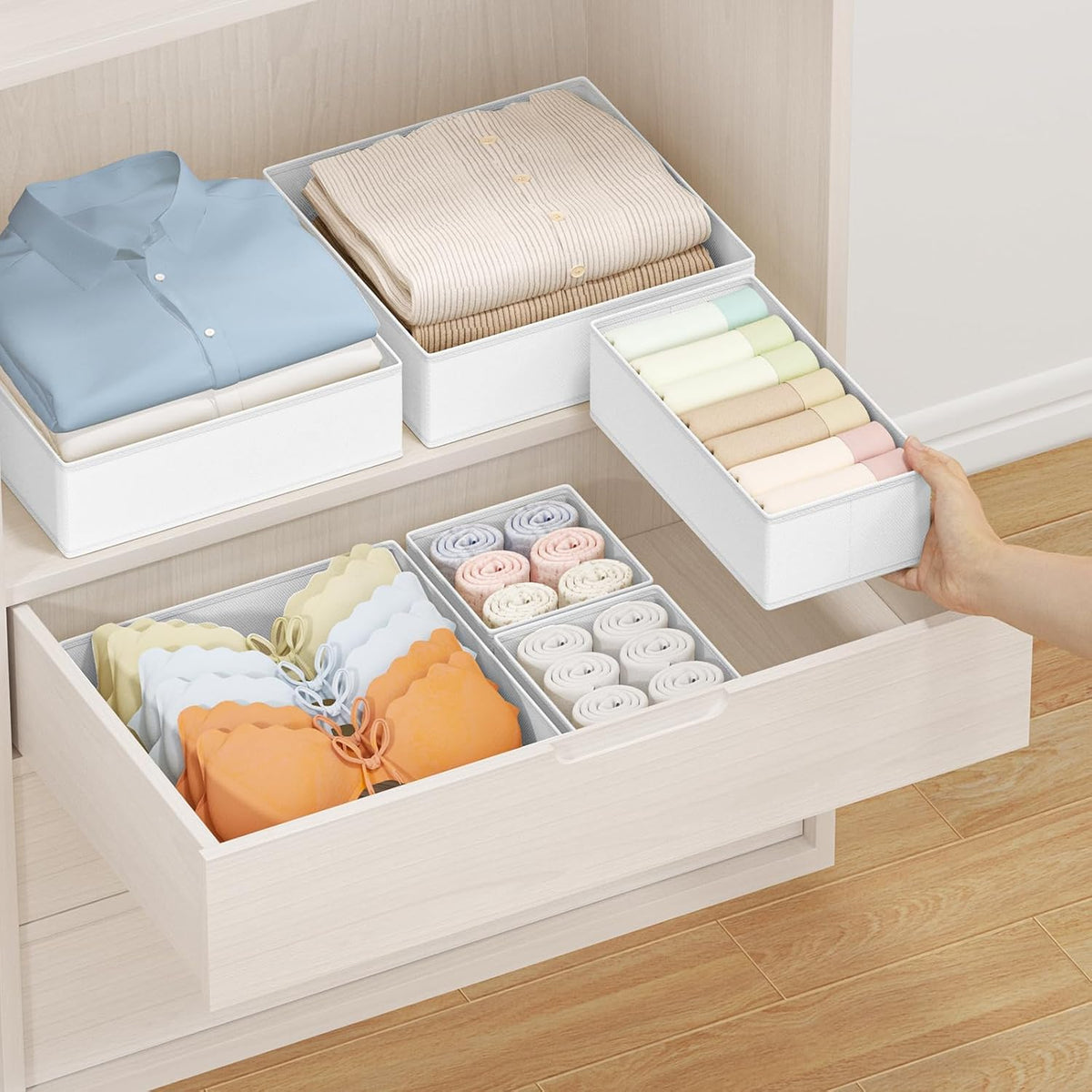 DIMJ Drawer Organizer Clothes, 8 Pack Dresser Organizer, Foldable Closet Organizers and Storage, Fabric Dresser Bins, Drawer Dividers for Nursery, Baby Clothes, Underwears, Sock (white)