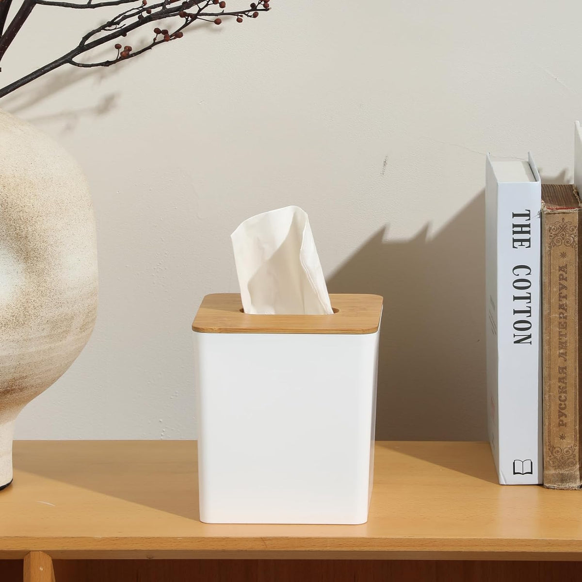 Tissue Box Cover Square, White, with Bamboo Lid, 1 Pack