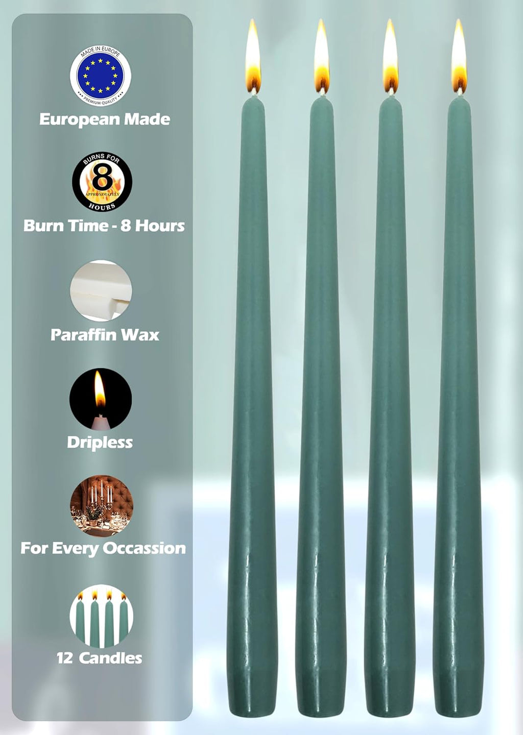 Hyoola Tall Taper Candles - 10 Inch Sage Green Unscented Dripless Taper Candles - 8 Hour Burn Time - 12 Pack
