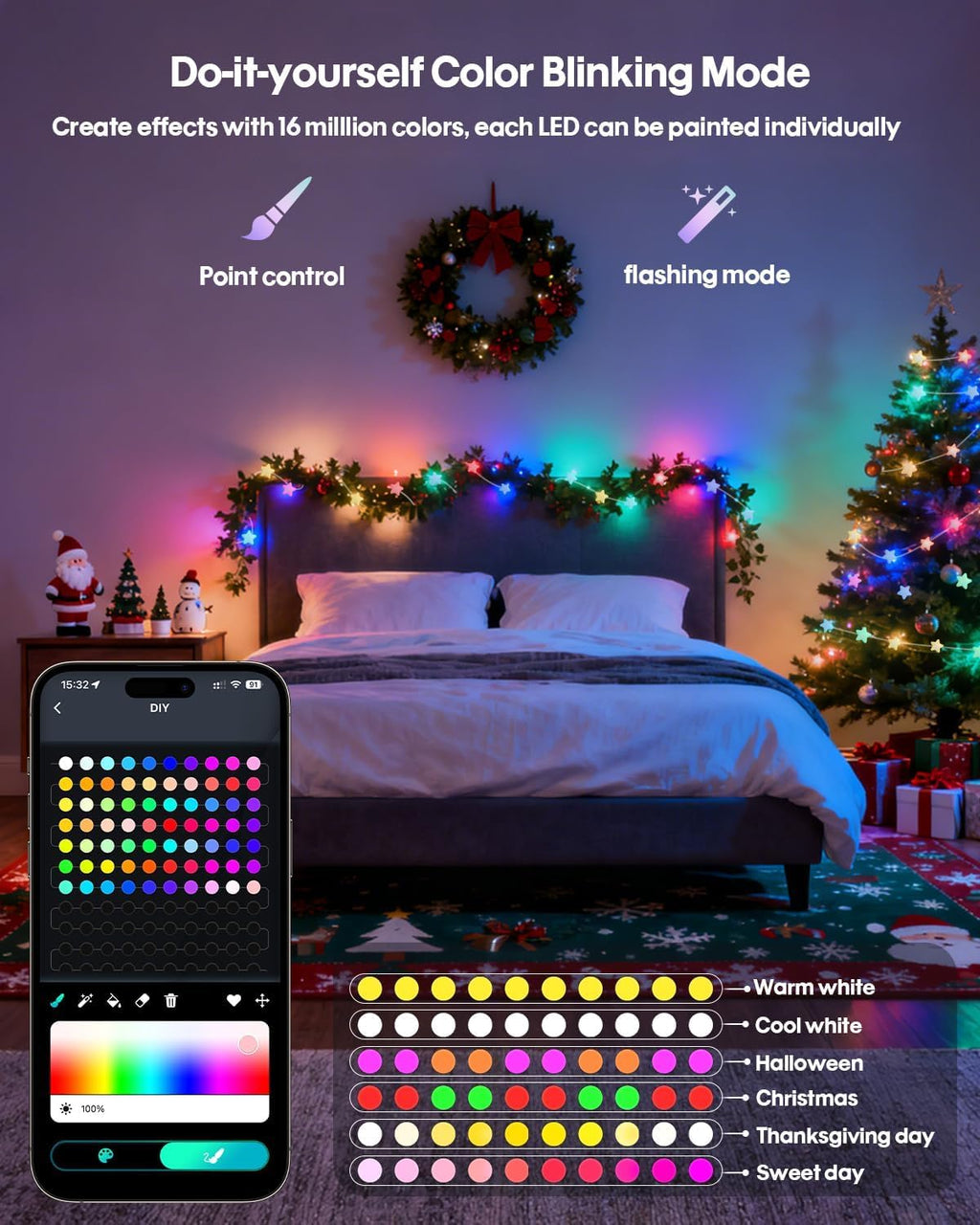 Super RGB Smart Star Fairy Lights 65.6Ft, 16M Color Changing String Lights with Remote & APP Control, Music Sync, Timer, RGB DIY Colored Twinkle Lights Hanging for Indoor Bedroom Party Birthday Decor