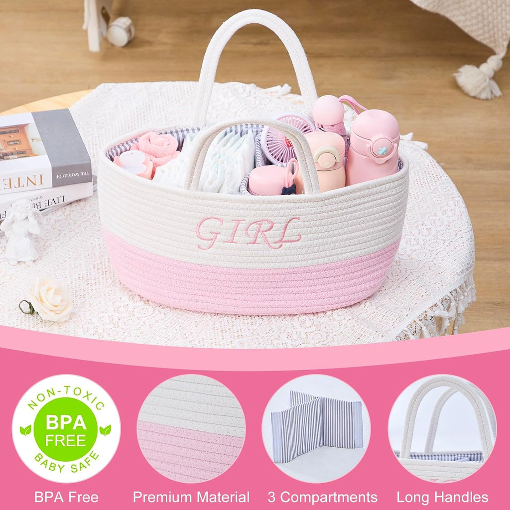 DUHEL Diaper Caddy Organizer with Handle (White＆Pink)